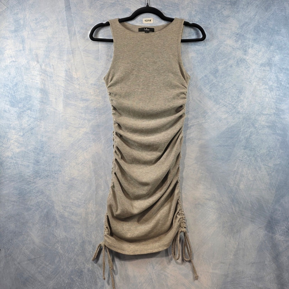 Lulus Womens Ribbed Knit Ruched Side Drawstring Sleeveless Mini Dress Beige Smal